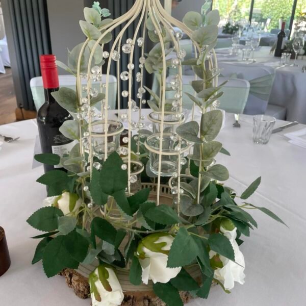 Cream Birdcage Table Centrepiece on Log Slice