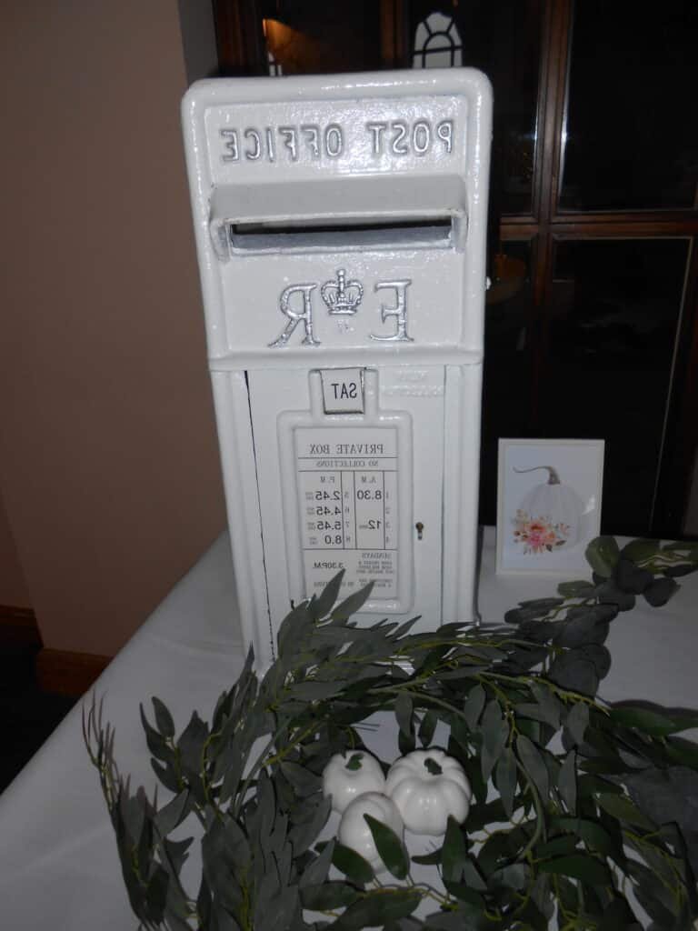 white wedding post box